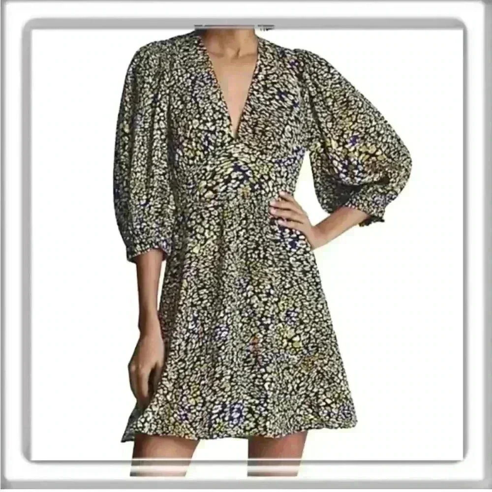 REISS Puff Sleeve Floral Mini A Line Dress V-Neck Blue Women’s Size 6 Short